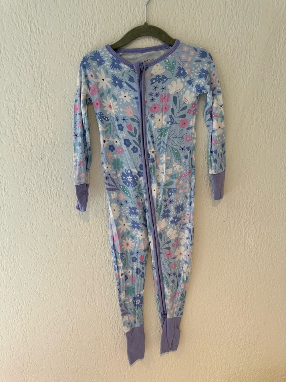 Little Sleepies Light Blue Floral Zip One-Piece Pajamas with Purple Trim